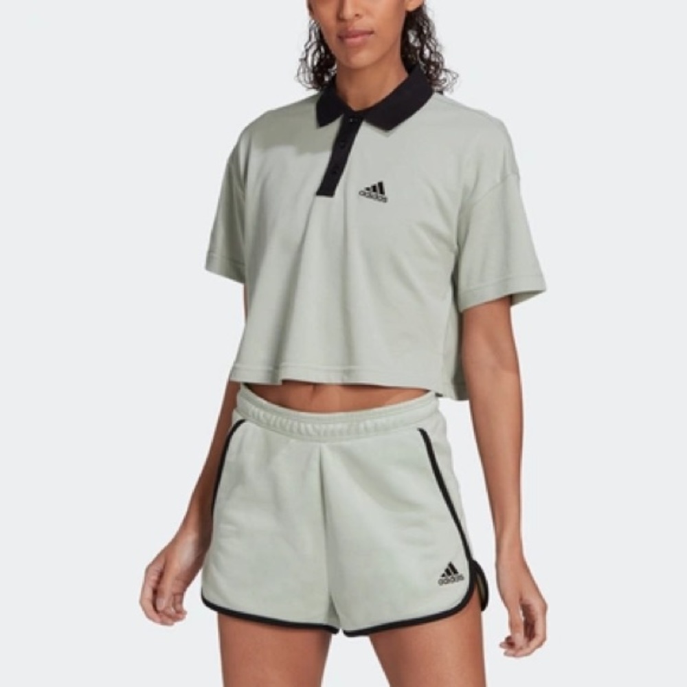 Adidas Cropped Pique Polo in Linen Green